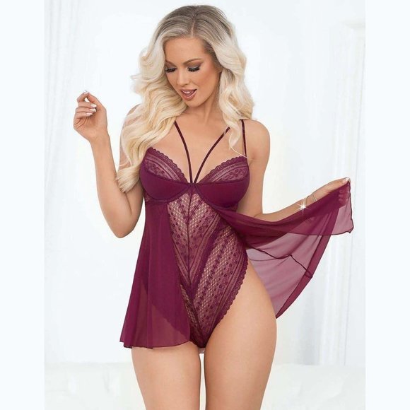 Escante Other - Plus Size Lace Teddy Lingerie Dark Red Underwire Flyaway Mesh Skirt Bodysuit 1X
